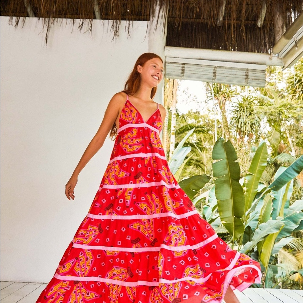 FARM RIO Red Tiki Bananas Maxi Tiered Dress - M - Picture 2 of 3